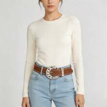 1pc Women's Silver Luxury Elegant Rhinestone Metal Buckle Brown Beaded PU Leather Belt - Brown - View 4