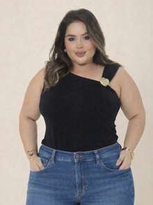Plus Size Tank Top With Buckle - Women's Plus Size - Comfortable, Casual, Elegant - Fashion Blogger Style - Summer 2026 - 黑色 2 - 查看 3