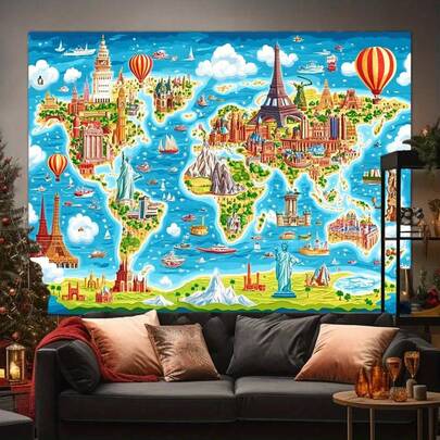 1pc Oversized World Map Background Banner, Vibrant Landmark & Hot Air Balloon Design, Durable Polyester Fabric Suitable For Party, Wedding, Birthday, Indoor/Outdoor Decor (Easy To Hang)