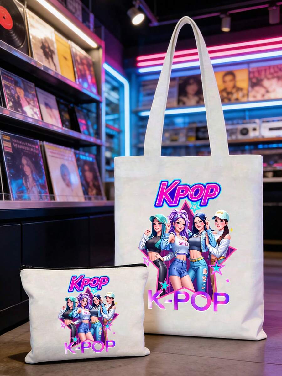 K-POP帆布手提袋，印有“K-POP”字样和酷炫女偶像图案，大容量单肩手提包，手绘插画单肩包，粉丝周边礼品，通勤购物袋，可折叠大容量休闲杂货袋，时尚场合包，赛博朋克风格单肩包，适合旅行、演唱会、粉丝活动、派对、日常使用，是生日礼物、偶像周边、节日礼物、演唱会礼物的理想之选。