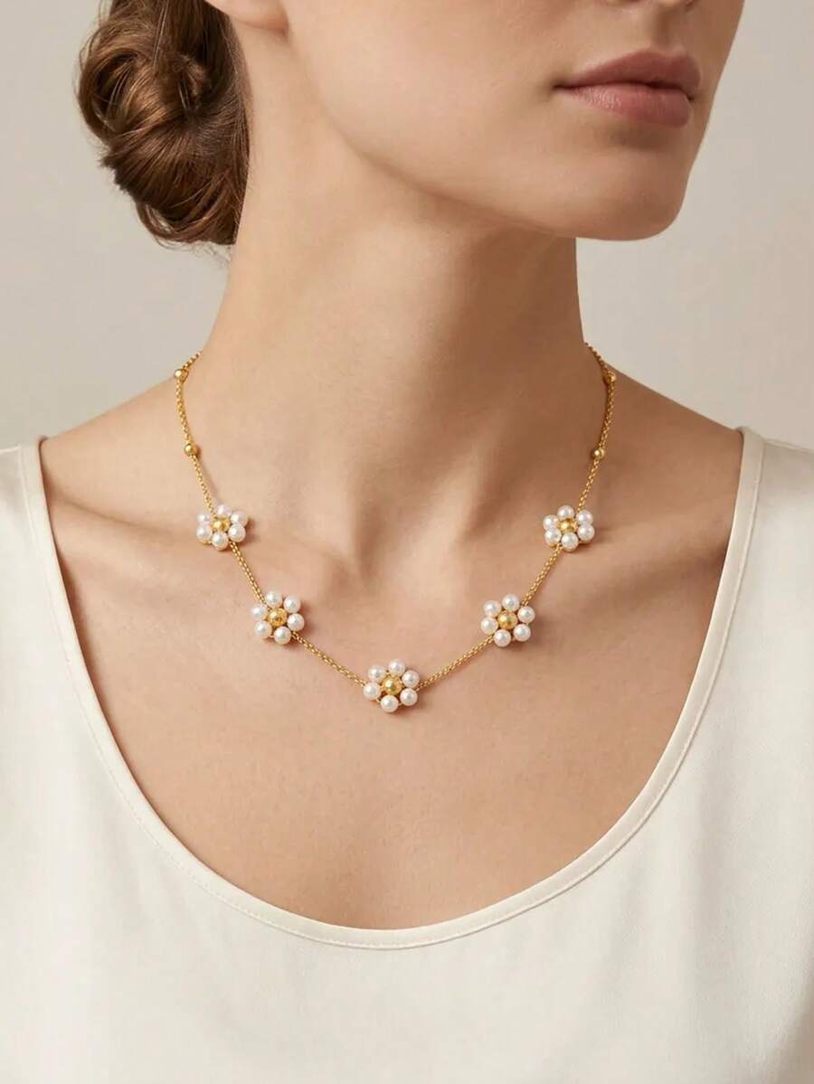 1pc Pearl Necklace, Daisy Pearl Choker, Suitable For Women, Daisy Necklace As Graduation Prom Bridesmaid Gift, White Necklace - Gold - View 1