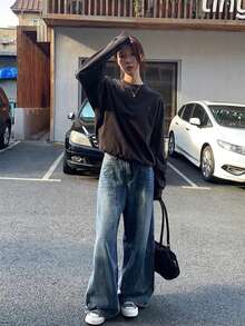 Stylish Loose High Waist Slimming Wide Leg Jeans For Women Casual - Blue - View 2