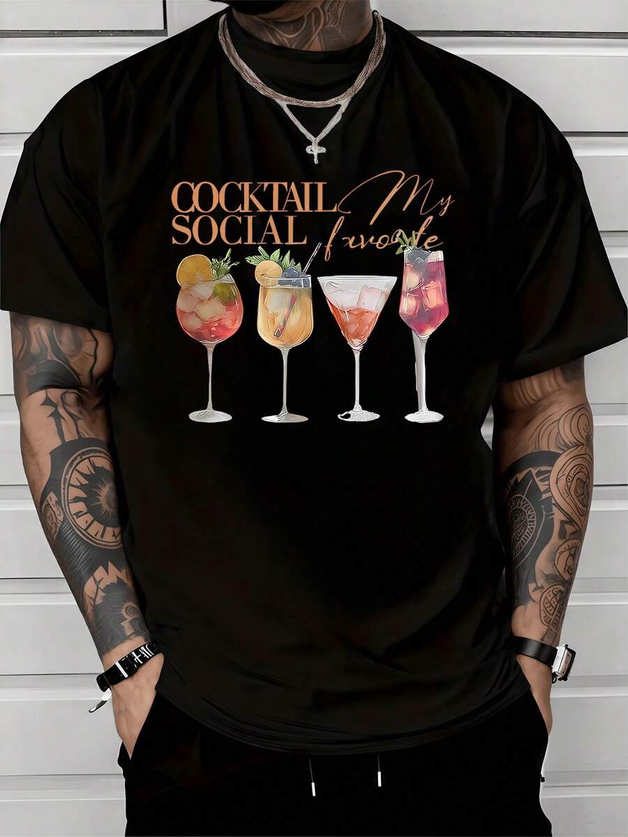 Cinco copas de cócteles coloridos representan momentos alegres de  y celebración con detalles de frutas y hielo que evocan frescura y energía camiseta de hombre moderna cómoda para reuniones sociales y salidas casuales - Negro - Ver 1