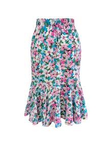Falda tubo con estampado floral de talla grande, diseño de cintura alta con volante en el bajo, cintura elástica para un ajuste estilizador, adecuada para vacaciones de primavera y verano en color rosa - Rosa - Ver 2