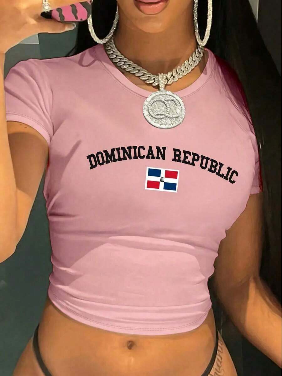 Hot Hour New Crop Top With Round Neck And Short Sleeves Dominican Republic Letter Print Women's Casual Simple Fitted Short Crop Top - 粉紅色 - 查看 1