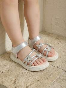 1 Pair Girls' Summer Fashion Sandals, Silver Multi-Strap Upper, Rhinestone Butterfly, Hook And Loop Closure, Suitable For Matching Outfits, Children's Casual Sandals - Silver - View 1
