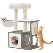 HaluPeit Arbre à Chat 85 cm de Haut, avec 3 Poteaux à Griffer, Tapis Amovible et Lavable, 1 Niche, 2 Plateformes, Corde en Sisal, 1 Panier pour Chat et des 2 Pompons, Lvoire Clair - Blanc - Voir 7