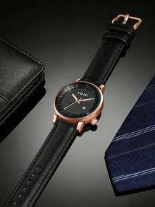 TOMI Men's Minimalist Business 4-Digit Date Leather Strap Watch - Black - View 2