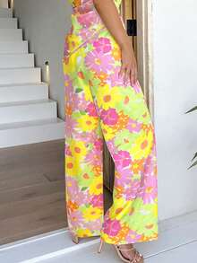 Women's Yellow Floral Print Pants, Suitable For Spring And Summer - Multicolor - View 2