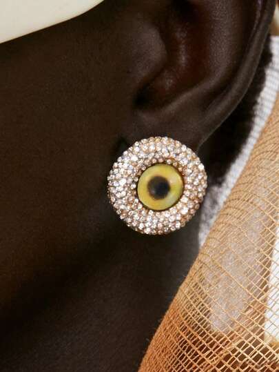 Fully Rhinestoned Devil's Eye Earrings, Gold Round Rhinestone Studded Vintage Unique Exaggerated Earrings, Minimalist Luxurious Elegant Earrings, Distinctive Artistic Earrings For Women