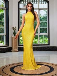 Đầm dài dự tiệc không tay, hở lưng, đính sequin, dáng đuôi cá, thích hợp cho mùa xuân và đám cưới. - Màu vàng - Xem 5