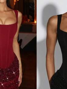 Spring/Summer New Lace-Up Sequin Strap Bodycon Dress INS Slim Fit Party Dress - 酒紅色 - 查看 6