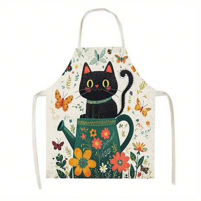 一件黑色猫咪花卉图案围裙，厨房围裙，适用于厨房、客厅、餐厅、酒店、户外烧烤等多种场合，100% 涤纶材质，可机洗，大号围裙