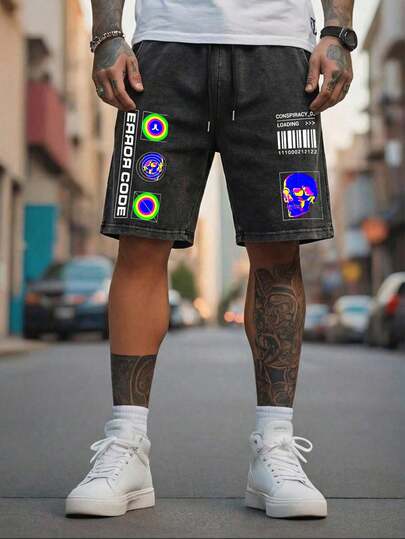 “复古海报”男士夏季水洗做旧休闲短裤