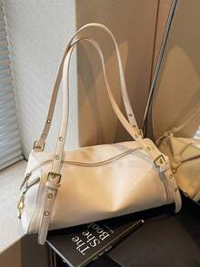 白色PU皮手提包，金色五金装饰，可转换成托特包/单肩包，拉链封口，复古休闲风格，适合日常、约会、购物等场合。 - 白色 - 查看 1