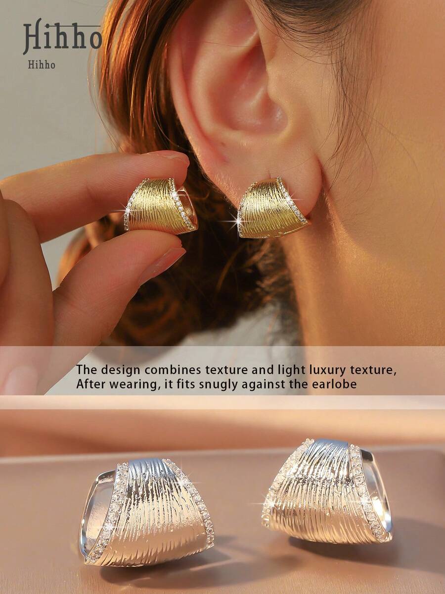 Hihho 1 Pair Vintage Textured Hoop Earrings With Zirconia, Minimalist Arched Striped Design Elegant Earrings - Arched Earrings - View 1