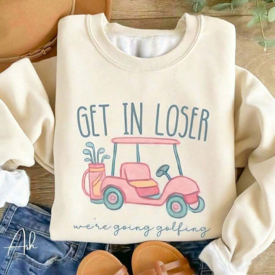 TaggedThreads Get In Loser We're Going Golfing Print Sweatshirt - With Golf Bag And Pink Car Graphic Design, Funny Golfing Golf Cart Crew Neck, Gift For Golfer, Golf Lovers, New Year Family Party Outfit, Cozy Fall & Winter Styles Long Sleeve Tops - Unisex Women's & Men's Campus Daily Wear-Casual Retro Style, Unisex, Comfortable Cotton Short Sleeve Crew Neck T-Shirt - 杏色 - 查看 1