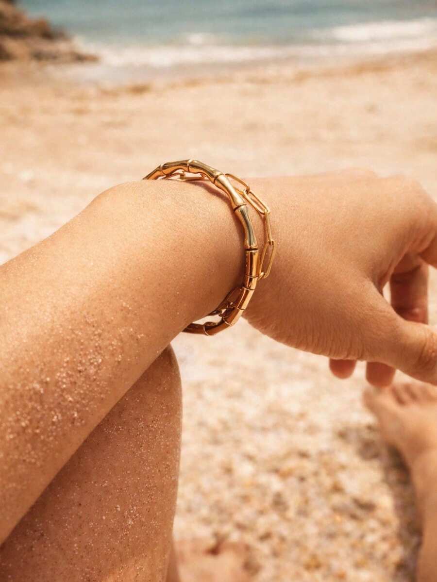 1 chiếc vòng tay mạ vàng 18K hình tre, làm từ thép không gỉ, chống nước, kiểu dáng tối giản, có thể đeo chồng lên nhau, dành cho nữ. - Khóa - Xem 1