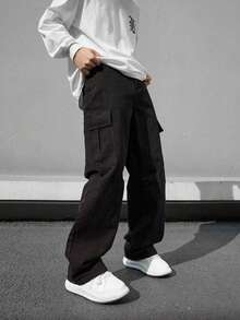 1 件装 Tween 男童舒适休闲宽松直腿多口袋裤子，春/夏/秋季 - 黑色 - 查看 3