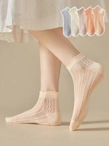 1/3/5双装 女士米白色镂空透气网眼薄款短袜，夏季穿着 - 彩色 - 查看 1
