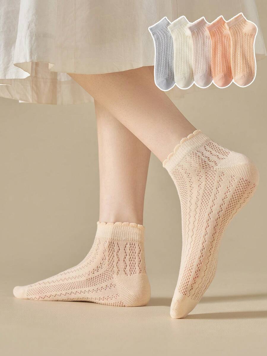1/3/5双装 女士米白色镂空透气网眼薄款短袜，夏季穿着 - 彩色 - 查看 1