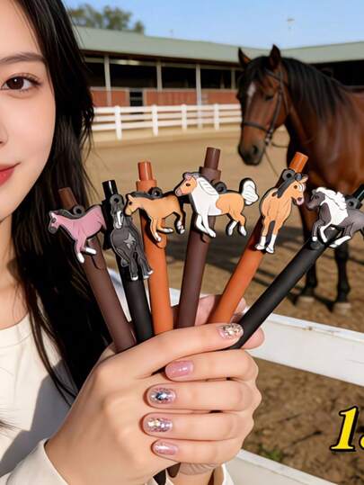 15pcs Horse Themed Party Pens, Random Styles (3pcs Pens + 12pcs Refills), Black And Brown Barrels With Cartoon Running Horse Motif Party Favors, 0.5mm Black Ink Fine Tip Retractable Vintage Gel Pens, Multi-Piece Party Gift Set