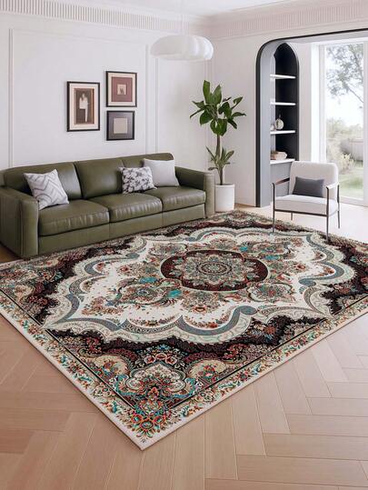 1件装奢华优雅风格室内装饰大地毯，全新可水洗仿羊毛材质，适用于客厅、沙发、卧室、床边、房间、餐厅、厨房、办公椅、玄关、户外野餐、露营等场所。