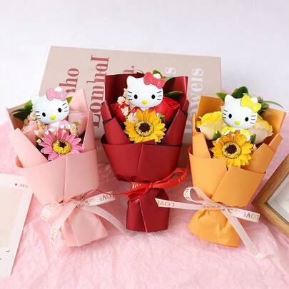 SANRIO Ramo de mini girasoles de Hello Kitty con girasol y rosa, decoración del hogar y boda de Hello Kitty, regalo del Día de la Madre, Día del Maestro, Día de San Valentín, ramo de flores de graduación, recuerdo de la fiesta del festival de Hello Kitty