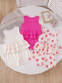 6pcs/Set Girls Casual Heart Print Sleeveless Tops And Shorts Set, Apricot & Rose Red, Suitable For Casual, Resort, Party, Home, Outdoor Wear In Summer - Multicolor - View 2