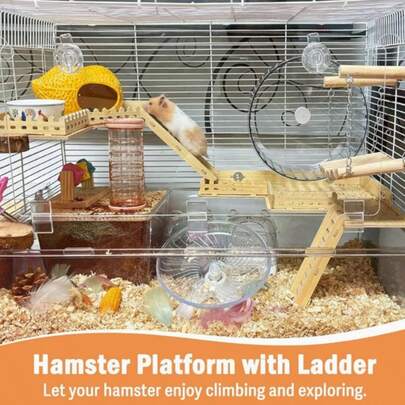 1pc Wooden Hamster Cage Platform, Double-Deck Hanging Climbing Structure With Ladder And Fence, Suitable For Hamsters, Mice, Rats Activity Playground Decor