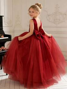 少女蝴蝶结后背深 V 网眼公主裙，女孩复活节派对礼服，适合生日、婚礼、花童、庆典、节日场合 - 酒紅色 - 查看 1