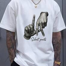 MenS 180g Pure Cotton Business Casual TShirt Silent Pacts Hand Gesture Art Print RoundNeck ShortSleeves Versatile For Bu - trắng - Xem 1