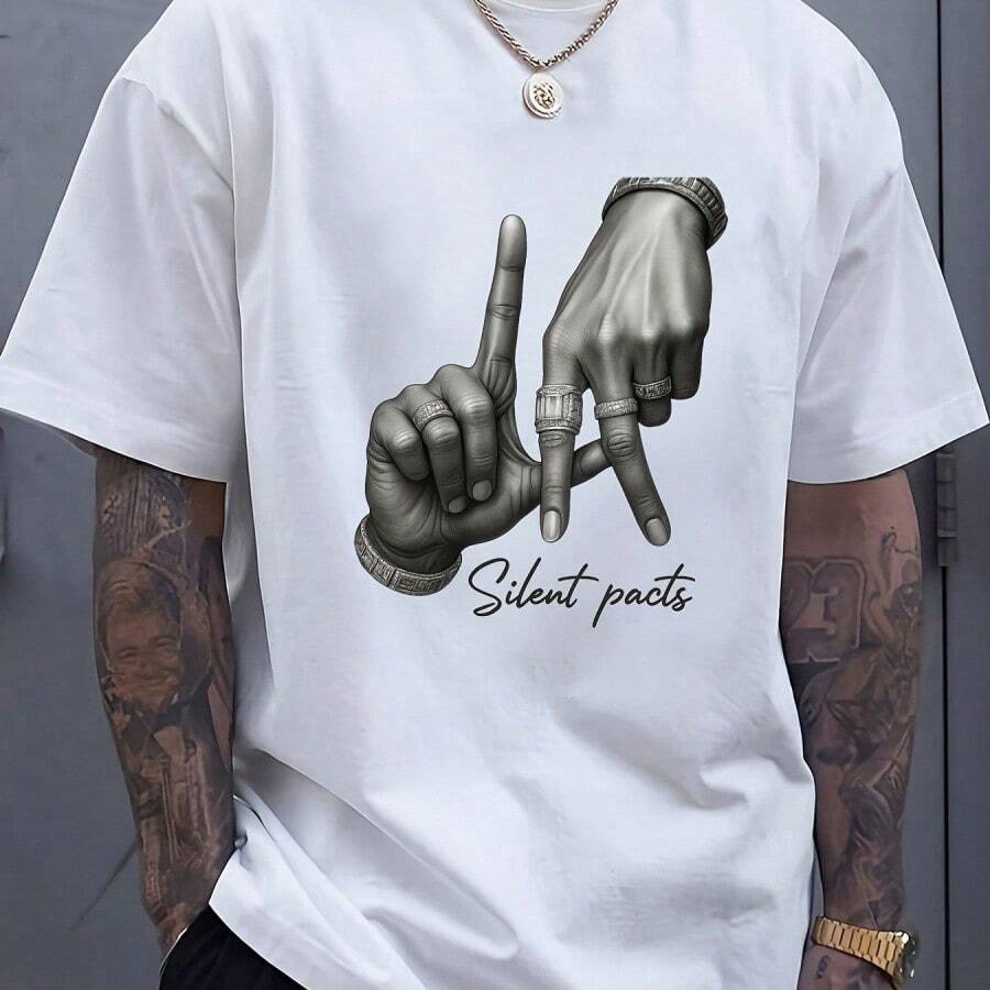 MenS 180g Pure Cotton Business Casual TShirt Silent Pacts Hand Gesture Art Print RoundNeck ShortSleeves Versatile For Bu - trắng - Xem 1