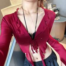 Women's 2-In-1 Sheer Mesh Rhinestone Waist Scarf, Tie-Up Asymmetrical Tassel Hip Cover Skirt, Convertible Short Cardigan, Suitable For Jazz Dance, Street Dance, Street Style And Daily Wear - Multicolor - View 7