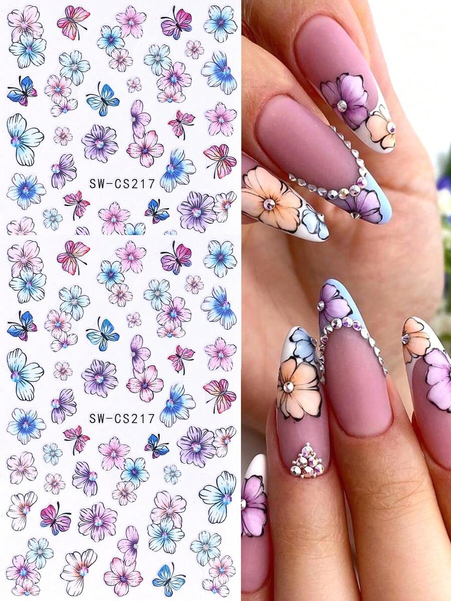 SWEET TREND 2 buc 3D pictură în ulei flori autocolante unghii 2 buc gradient colorat camelia margarete petale fluture primăvară vară imprimeu floral design DIY Y2K modă romantic autoadeziv gel oja salon manichiură decal slider unghii art decorare pentru femei și fete design unghii - Multicolor - Vizualizare 1