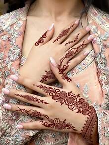 4pcs Brown, Red, Burgundy Sexy Floral Toe & Hand Henna Temporary Tattoo Stickers, Waterproof Flower Tattoo Stickers For Women, Suitable For Wedding, Party - Red - View 5