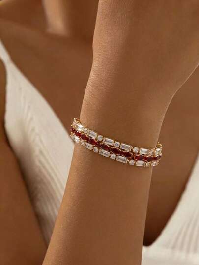 1件 奢华优雅闪亮红色锆石马眼形长方形和圆形女士/女孩时尚优雅链式手链