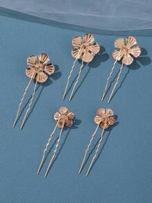 5pcs Women's Elegant Gold Flower Crystal Hair Clips Set, Wedding Party Hairstyle Accessories - Gold - View 5