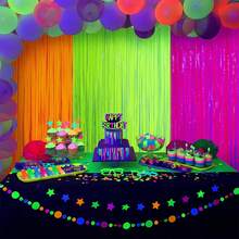 2 Pack Glow In The Dark Tinsel Foil Fringe Curtains, UV Blacklight Reactive Neon Macaron Backdrop, 3.3x6.6ft Fluorescent Matte Streamers For Glow Party Decor, Birthday, Disco, Rave (Fluorescent Yellow/Fluorescent Fuchsia/Fluorescent Orange) - View 5