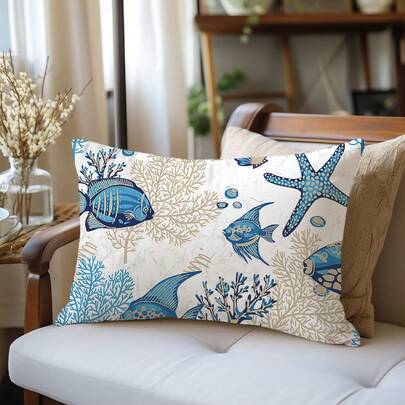 1件夏季海洋生物装饰枕套，单面印花桃绒面料，30*50厘米/40*60厘米，适用于房间装饰、现代客厅沙发、派对装饰、礼品
