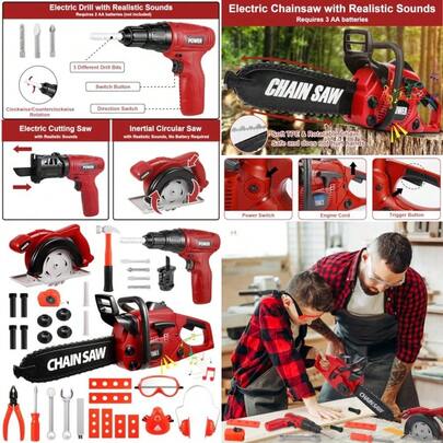 Tool Set 36 PCS With Toy Chainsaw Electronic Toy Drill With Sound And Light Pretend Play Tool Box Construction Toy Great Toy Tool Set For Toddlers Boys Girls Ages 3+
