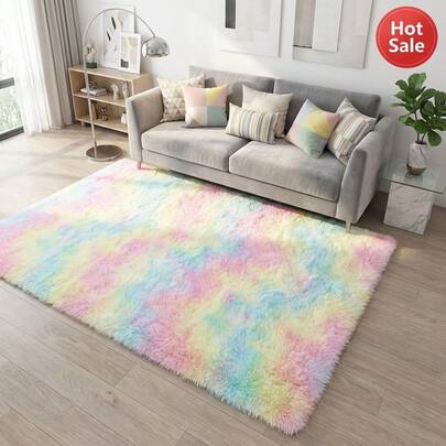 1pc Rainbow-Colored 1.4inch Ultra Soft Shaggy Rug, 520g/㎡ Thick Plush Carpet With 0.24inch Memory Foam, Non-Slip Fluffy Area Rug For Living Room Bedroom