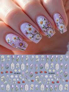 2片/套 5D立体郁金香雏菊春季花卉美甲贴纸，自粘式3D花叶植物图案美甲装饰，可爱日式美甲沙龙DIY配件 - 彩色 - 查看 2