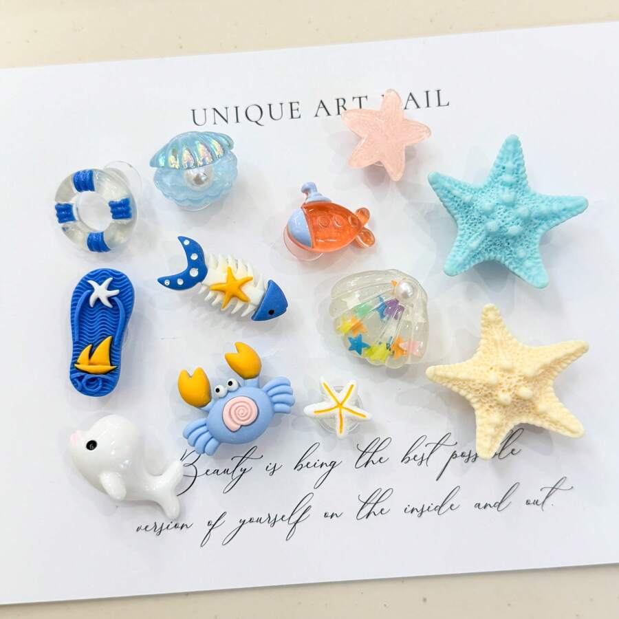 12pcs Resin Starfish, Seashell And Beach Sandal Decorations - Detachable Ocean Themed Shoe Charms Suitable For DIY Slippers, Sandals, Shoes And Bags Decoration - Multicolor - View 1