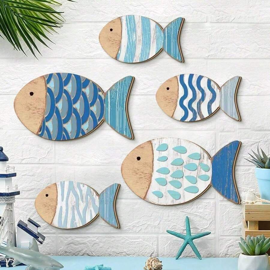 1/5 Stücke Retro Holz Meeresfisch Wanddekoration, Tropischer Ozean Stil Dekoration, Für Heimdekoration, Ozean Aussicht Heimdekoration, Outdoor Strand Hängender Schmuck, Heim Wanddekoration, Wohnzimmer, Küche, Badezimmer Wanddekoration - Verschiedenfarbig - Übersicht 1