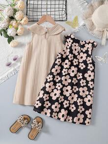2pcs/Set Young Girls' Summer Casual Dress, Floral Print Collar Sleeveless + Solid Color, Minimalist Fashion Comfortable Girls Dress, Suitable For Vacation, Daily Wear, Outdoor, Beach - Multicolor - View 2