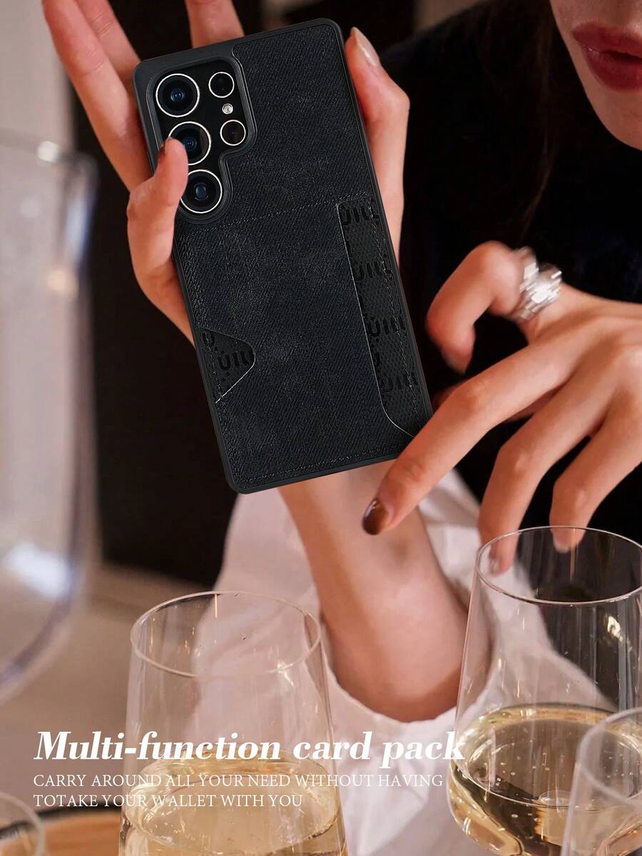 1pc Denim Material Anti-Drop Multifunctional Card Holder 2-In-1 Phone Case Compatible With Samsung Galaxy S20 Ultra/ Galaxy S21 Plus/ Galaxy S21 Ultra/Galaxy S22 Plus/Galaxy S23 S24 S25 Ultra, International Version,  Not The Domestic Version - Black - View 1