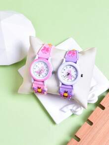2件套礼品卡通儿童女孩蝴蝶软硅胶表带指针石英表，创意图案学生腕表 - 彩色 - 查看 9