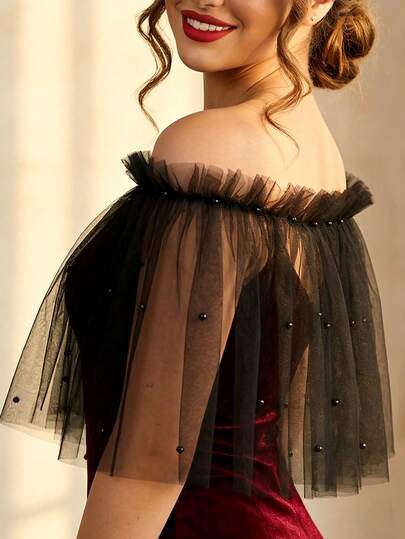 1pc Black Off-Shoulder Bridal Shawl, Slimming Ladies Short Jacket, Gothic Style Suitable For Evening Party, Ball, Wedding