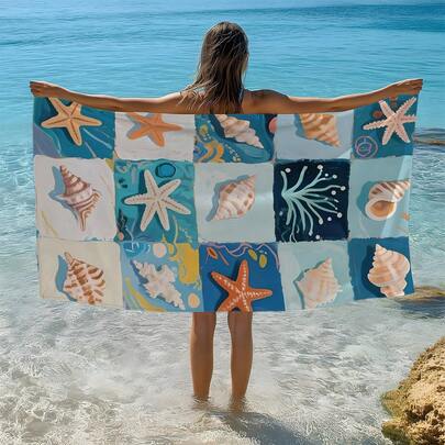 1pc Starfish & Seashell Plaid Print Beach Towel/Bath Towel, Single-Sided Printing, Quick-Drying Super Soft Fiber Beach Towel, Sun Protection Shawl Blanket, Yoga Mat, Portable Holiday Beach Pool Sports Towel, Skin-Friendly Soft Gift Towel, Lightweight Towel For Bathroom And Beach